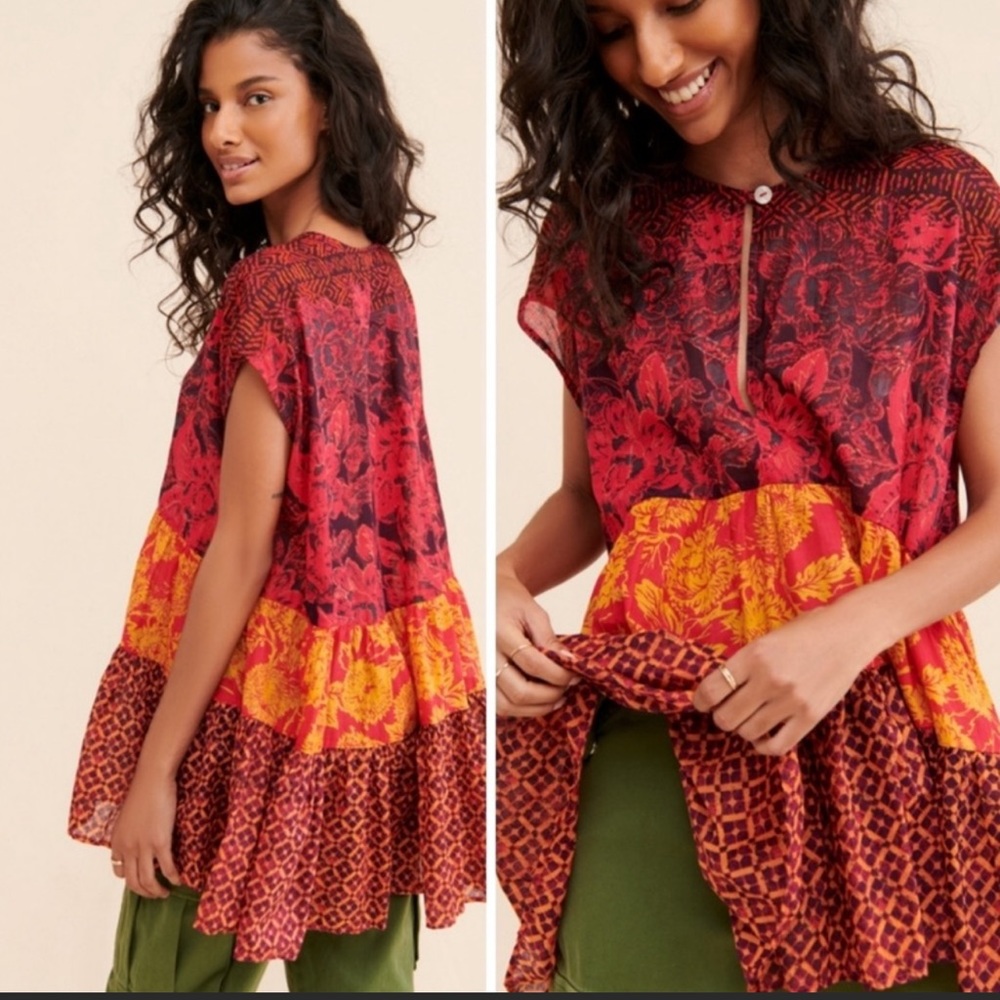 Free People “Gotta Have You” tiered tunic top, red/gold, XS and Medium